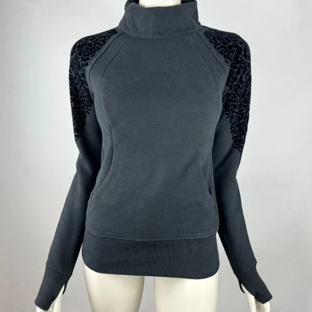 Lululemon Floral Flock Pullover Women 4 Long Sleeve Cotton Terry Sweater Pockets